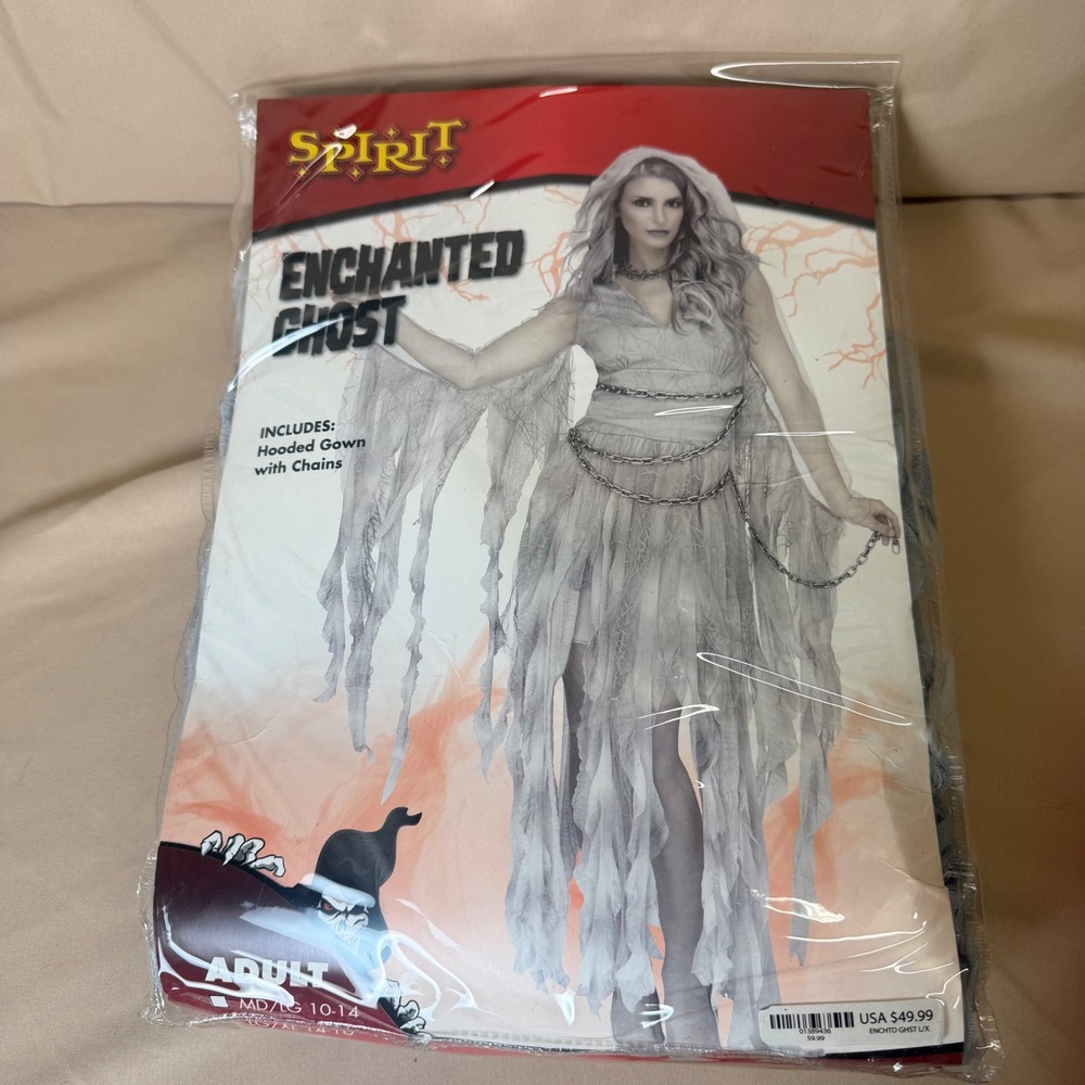 Spirit Halloween Enchanted Ghost Costume Adult LG/XL 14-16 Hooded Gown Chains